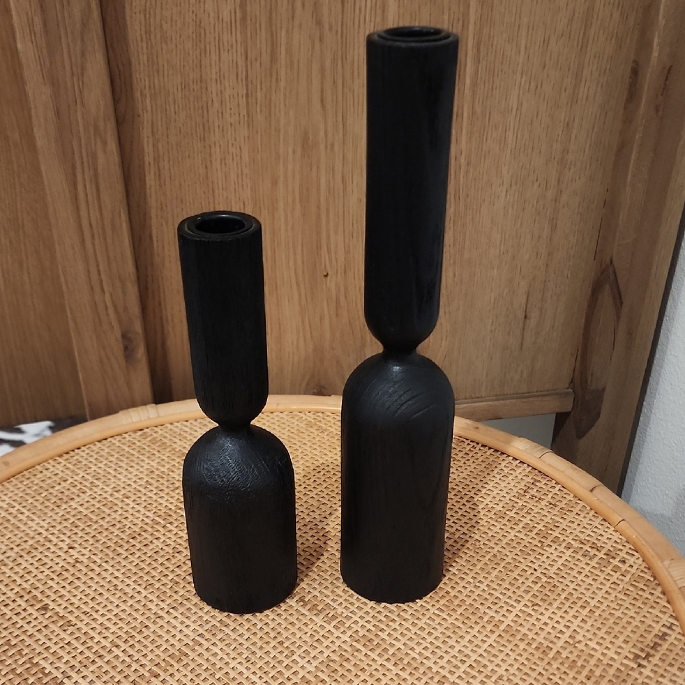 Crate & Barrel Asker Black Wooden Candle Holders, Two Total